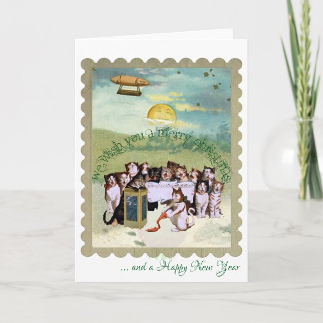 Katter som sjunger med ett steampunkjultema helgkort (Framsida)