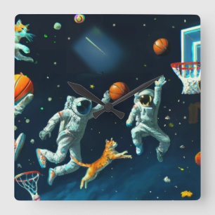 Katter som spelar basket i rymden med astronauter fyrkantig klocka