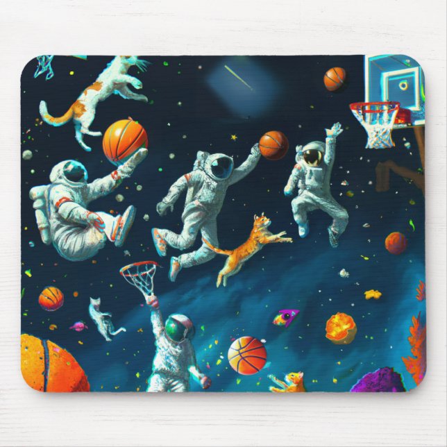 Katter som spelar basket i rymden med astronauter musmatta (Framsidan)