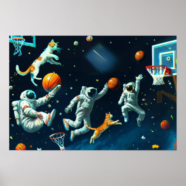 Katter som spelar basket i rymden med astronauter poster (Framsidan)