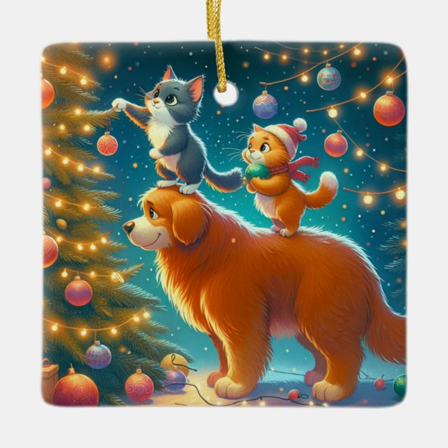 Katter som står på Hund för att dekorera Julgran Julgransprydnad Keramik (Framsida)