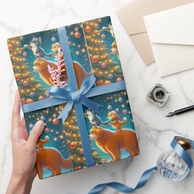 Katter som står på Hund för att dekorera Julgran Presentpapper (Gifting)