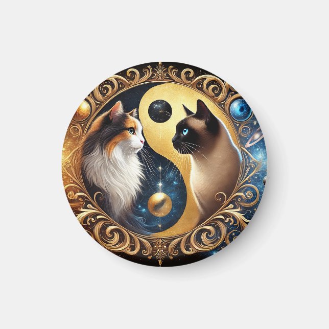 Katter som symboliserar balans med en Yin Yang Magnet (Framsidan)