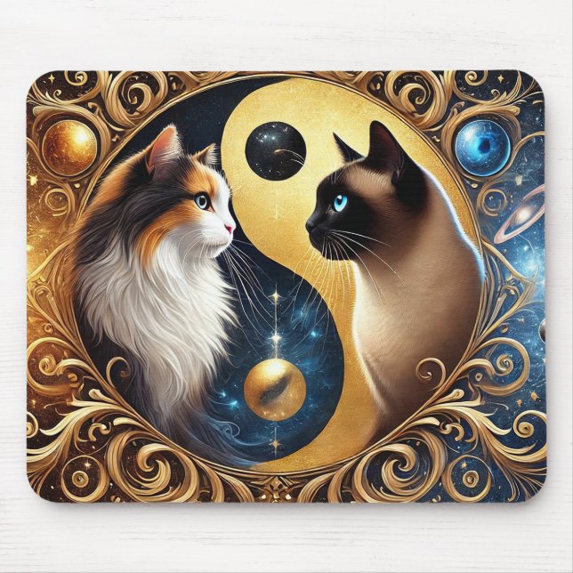 Katter som symboliserar balans med en Yin Yang Musmatta (Framsidan)