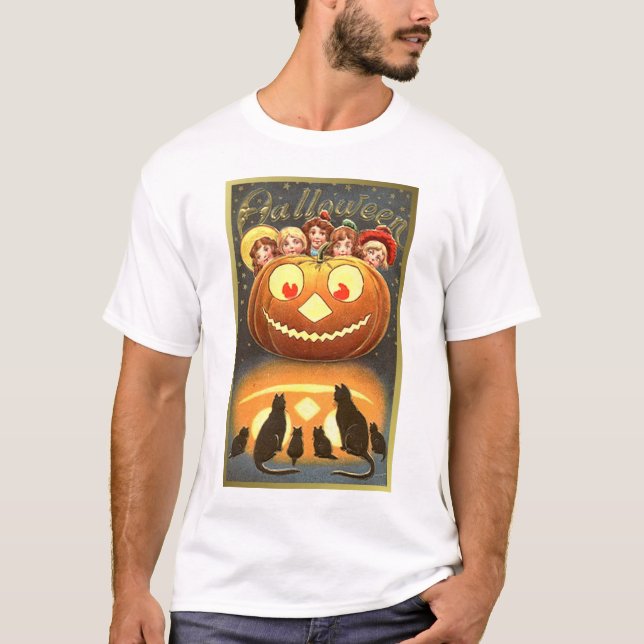 Katter som tittar på barn och pumpkin Mörk Tees T Shirt (Framsida)