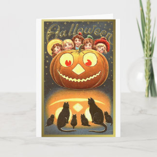 Katter som tittar på barn och pumpkin Vintage Hall Kort