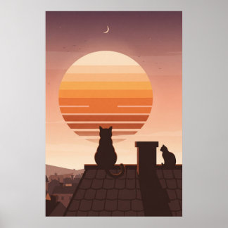 Katter som tittar på retro solnedgång över tak Pos Poster