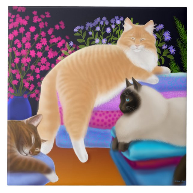 Katter som varar slö på ren tvätt, belägger med kakelplatta (Framsidan)