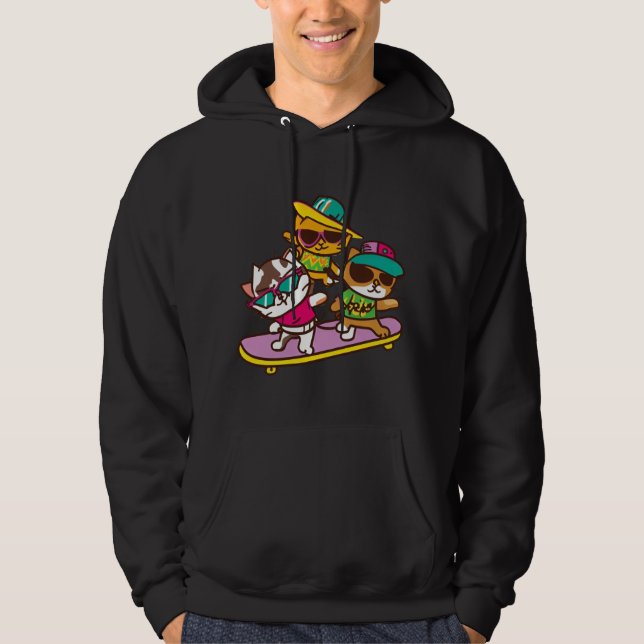 Katter spelar Skateboard med glasögon Hip hop Hat Hoodie (Framsida)