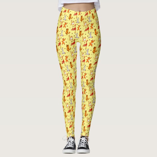 Katter Tränar Yoga Mönster Blekgul  Leggings (Framsida)