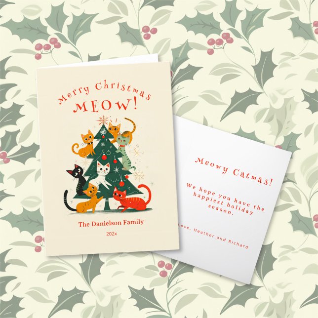 Katter vid Julgran Helgkort (Cats on the Christmas Tree folded holiday card)