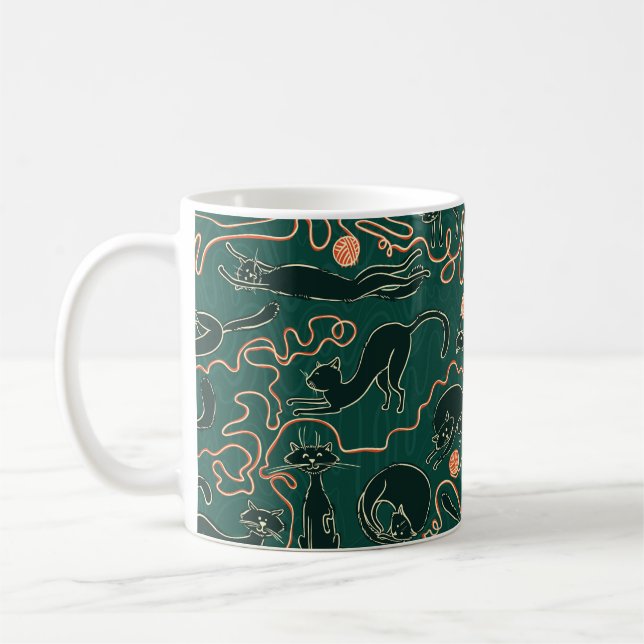 Katter, vintage doodle, sömlös mönster kaffemugg (Vänster)