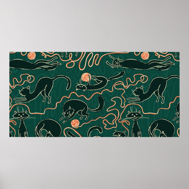 Katter vintage doodle sömlöst mönster poster (Framsidan)