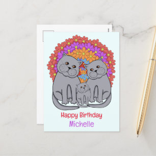 Kattfamilj. Grattis på födelsedagen Helg Vykort
