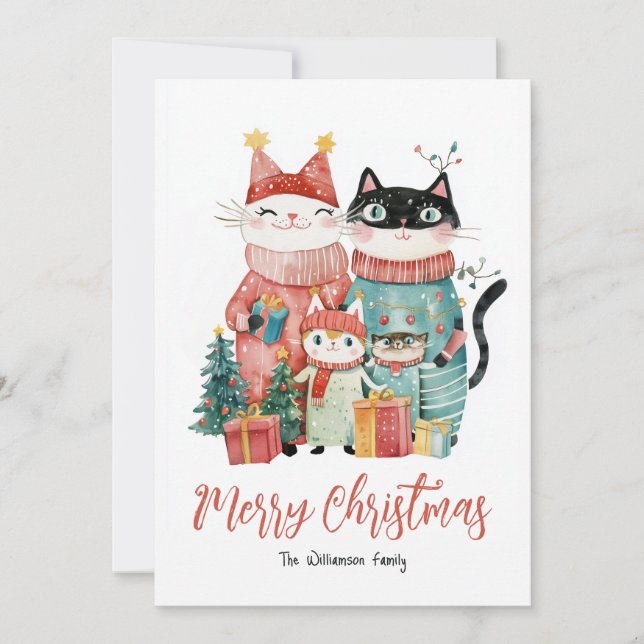 Kattfamilj vid julens Helgdag Julkort (Framsida)