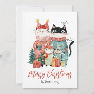 Kattfamilj vid julens Helgdag Julkort