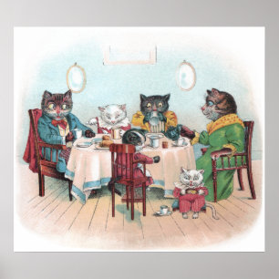 Kattfamiljen sitter besegrar för att frukostera poster