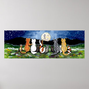 Kattfamiljen som tittar på Måne Natt Poster marin