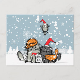 Kattfamiljens jul, snö, tecknad, roligt helg vykort