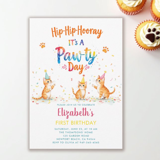 Kattfest Lekfulla Katter Barn Rolig 1-årsdag Inbjudningar (cat birthday party invitation playful kittens colorful watercolor cute adorable characters kids back)
