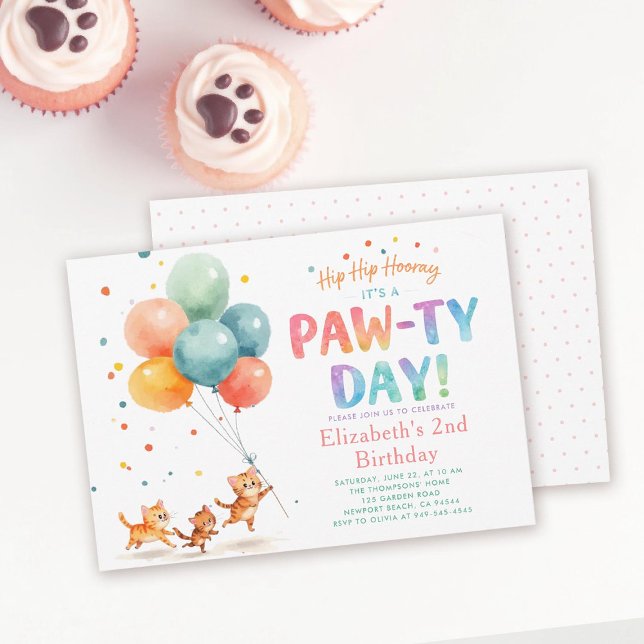 Kattfest Söta Katter Ballonger Barnkalas Inbjudningar (cat themed birthday party invitation kittens balloons watercolor character kids pastel adorable)