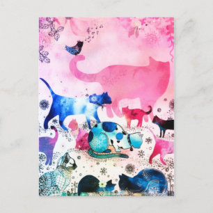 Kattfesthus Glitterkonst Rosa Vattenfärg Helg Vykort