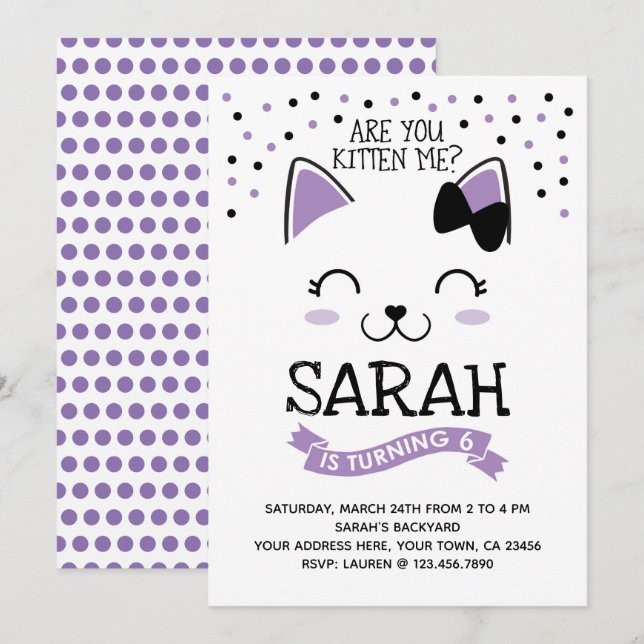 Kattfödelsedagsinbjudan, lila & svart inbjudningar (Fram/baksida)