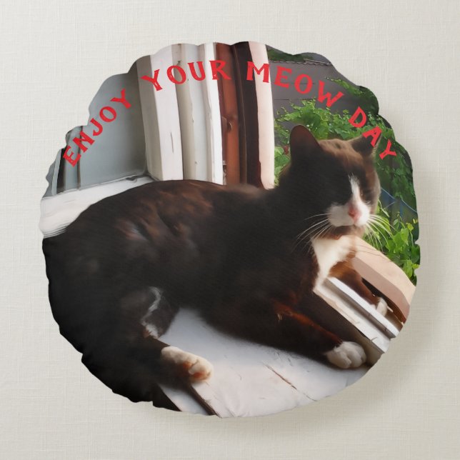 Kattfotodag Runt Kudd med Meow Day Katt Foto Rund Kudde (Framsidan)