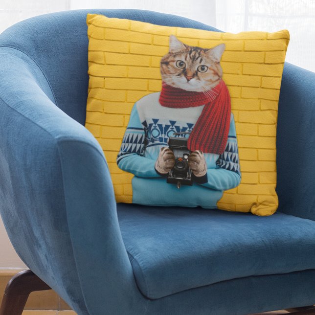 Kattfotograf i Vintage Sweater Quirky Kudde (Skapare uppladdad)