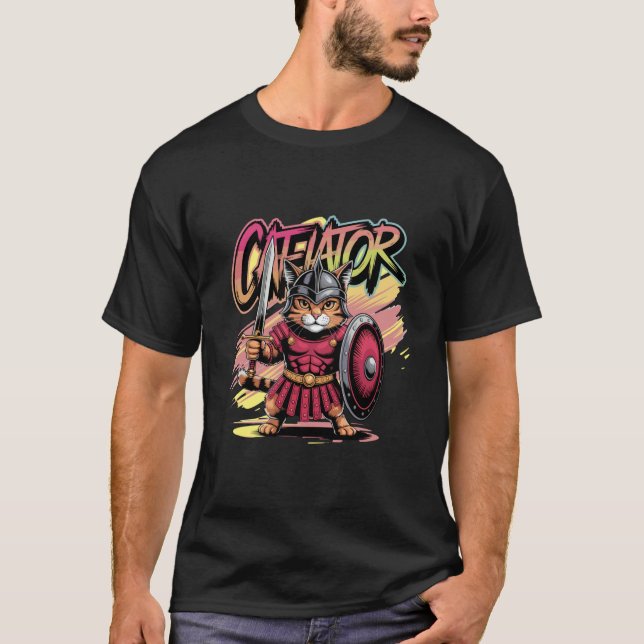 Kattgladiator Episk Krigare Kattälskare T Shirt (Framsida)