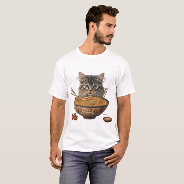 kattgummi, Cute Cat Eating Ramen, japanskt nudde T Shirt (Hel framsida)