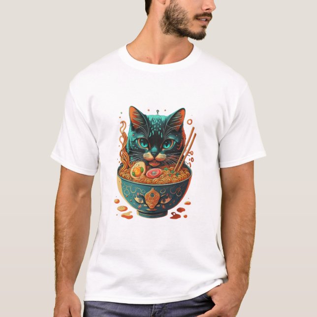 kattgummi, Cute Cat Eating Ramen, japanskt nudde T Shirt (Framsida)