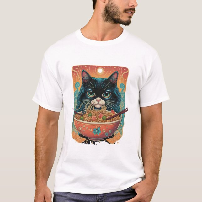 kattgummi, Cute Cat Eating Ramen, japanskt nudde T Shirt (Framsida)