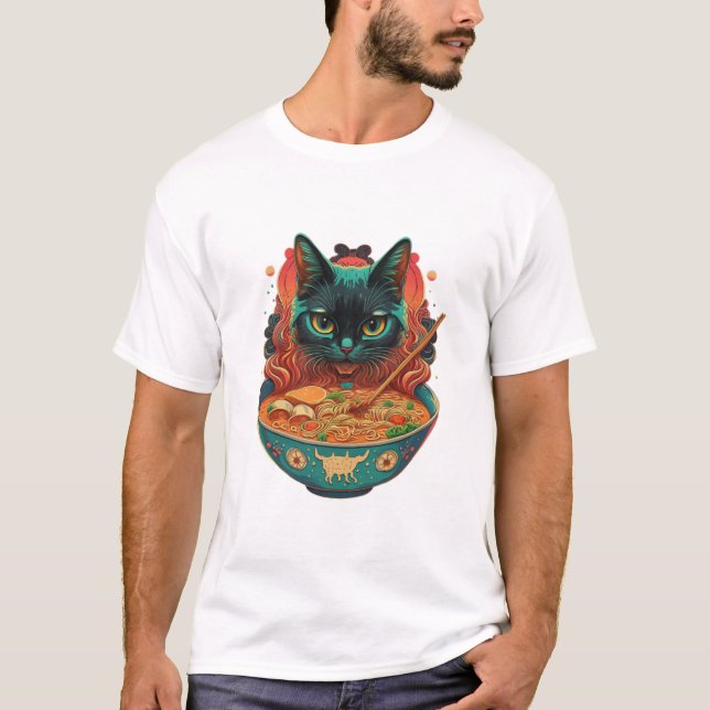 kattgummi, Cute Cat Eating Ramen, japanskt nudde T Shirt (Framsida)