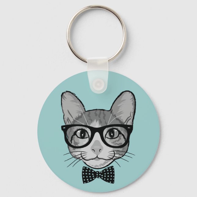 Katthipster med Polka dots Bow Tie Nyckelring (Framsida)
