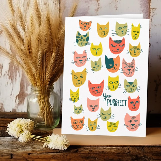 Katthuvudena mönster ANNIVERSARY KÄRLEK Kort (Cute colorful cat heads pattern ANNIVERSARY LOVE Valentines Romantic Friendship Encouragement Card
)