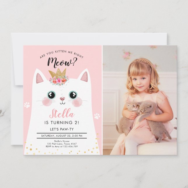 Katti Meow Rosa Krona Flickan Kattunge födelsedag Inbjudningar (Framsida)
