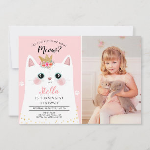 Katti Meow Rosa Krona Flickan Kattunge födelsedag Inbjudningar
