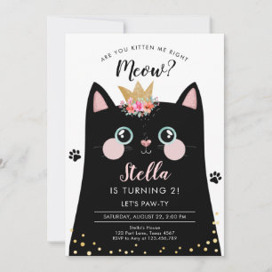 Katti Meow Rosa Krona Flickan Kattunge födelsedag Inbjudningar