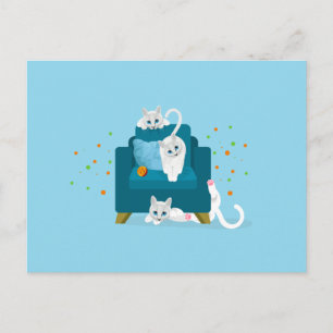 Kattillustration - 3 vita katter som ställer till vykort