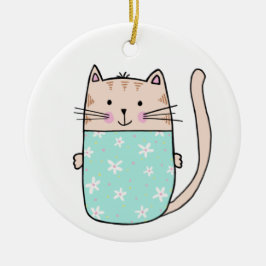 Kattillustration för blommigt av katt för barn julgransprydnad keramik