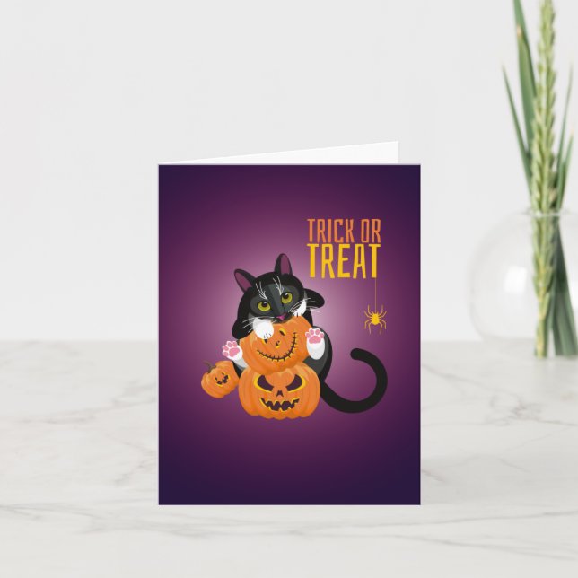 Kattillustration på kort "Happy Halloween"  (Framsida)