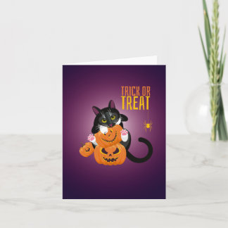 Kattillustration på kort "Happy Halloween" 