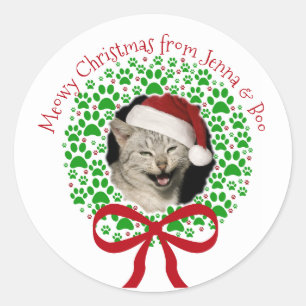 Kattjul Kransklo Fotavtryck Holiday Julkrans Foto Runt Klistermärke