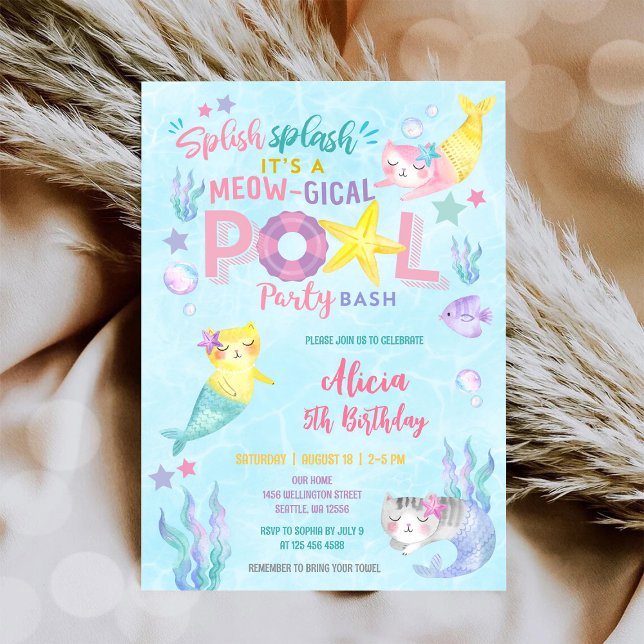 Kattjungfrun Poolparty Födelsedagsinbjudan Inbjudningar (Skapare uppladdad)
