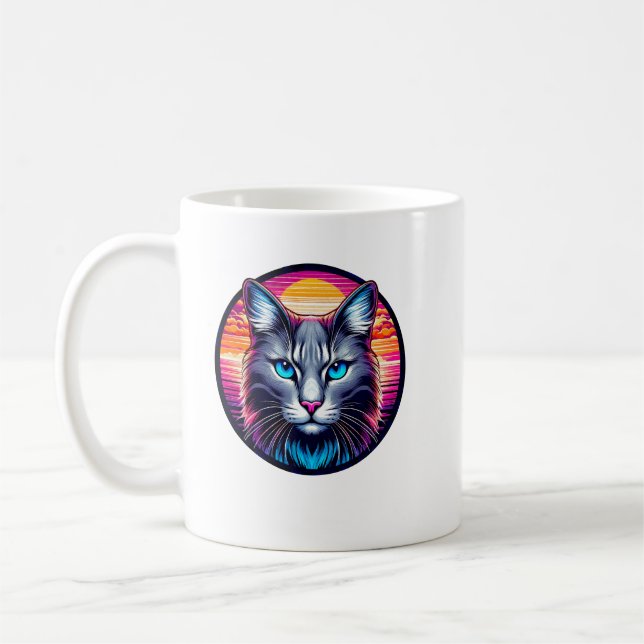 Kattkaffemugg med blå ögon vid soluppgång kaffemugg (Vänster)