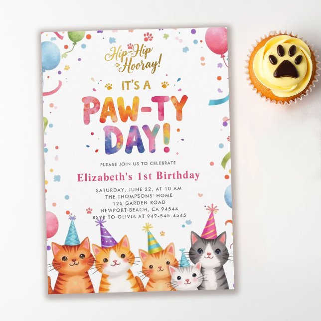 Kattkalas Kullar Färgglada Ballonger 1-årsdag Inbjudningar (cat birthday party kids 1st birthday kitten colorful watercolor cute adorable characters balloons)