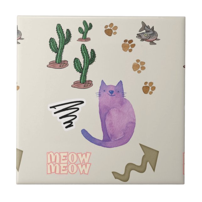 Kattkattkaktus Meow Tassar Kakelplatta (Framsidan)