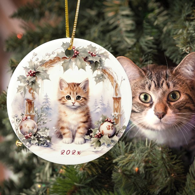 Kattkattkattdjur för jute julgransprydnad keramik (Cute tabby kitten personalized Christmas ornament for cat lovers)