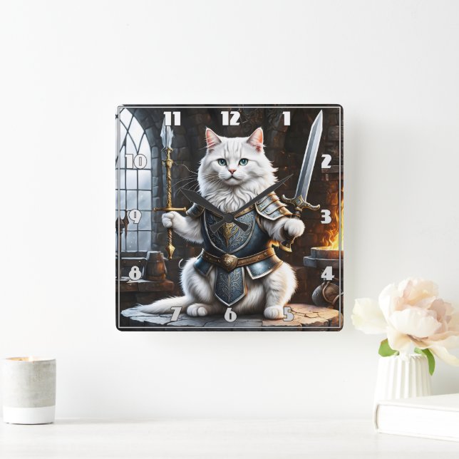 Kattklad i Armor Wielding Sword och Spear Fyrkantig Klocka (Hem)